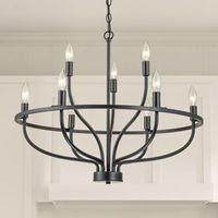 Light up your home with a sense of farmhouse flair with this stunning chandelier. The chandelier crafted from quality metal and finished in a matte black finish, features a breezy and open silhouette that creates a coastal farmhouse accent, the wagon wheel-inspired frame supports a sleek candelabra with bare 60W bulbs not included that wash your space in a warm glow. Adjustable height is a perfect addition for brightening up any space in your home. Perfect for your kitchen, dining room, living r