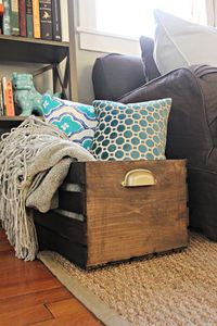 Wooden crate for blankets. You can get these at Michael's for cheapo, then stain and add handles.