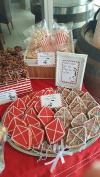 Mary Poppins themed party food Ft.Kite cookies, Chimney sweeps (Chocolate spiders) and Mary Poppinscorn (Red dyed popcorn)