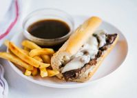 A delicious french dip sandwich made with a toasty baguette, flavorful roast beef and melted Swiss cheese. So easy to make and done in 10 minutes! #frenchdip #sandwich #sandwichrecipes #roastbeef #frenchbread #dinner #dinnerrecipes #dinnerideas #easydinner #recipes #iheartnaptime