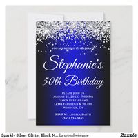 Sparkly Silver Glitter Black Medium Blue Gradient Invitation