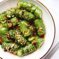 Spicy Asian Cucumber Salad. A crispy, refreshing and spicy cucumber salad. Seasoned with soy sauce, rice vinegar, garlic, green onions, sugar, sesame oil, sesame seeds and chili oil. Perfect as a side dish.