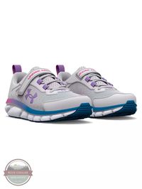 These are running shoes anyone can wear to go faster—they're super comfortable, have lightweight, breathable upper, and durability for miles. Under Armour 3025758-106 #underarmour #kids #shoes #purple #gray #school #running #play