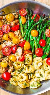 Spring and Summer DINNER: One-Pan Pesto Chicken, Tortellini, and Veggies, Asparagus, Tomatoes – healthy, refreshing, Mediterranean-style dinner. Spring and Summer Dinner Recipe!