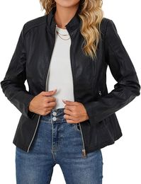 Bellivera Faux Leather Jacket Women Motorcycle Zipper Bomber PU Bike Coat with Pockets at Amazon Women's Coats Shop