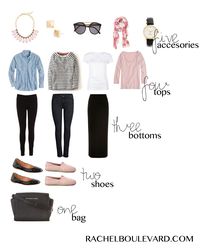 packing light. What changes would make this capsule wardrobe work for me? I know my pink shoes should be more delicate (as should the statement necklace) and my pants are better straight. Black is too stark contrast and the stripe should be micro-. The chambray is better dark rinse, if you change one of the bottoms to a medium color.