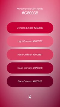 Monochromatic Color Palette Crimson Ember #C60038 · Light Crimson #E65C7E · Rose Crimson #D73B61 · Deep Crimson #9A0030 · Dark Crimson #6E0028 · Crimson Ember #c60038: A fiery dance of deep red and subtle orange, pulsating with untamed energy. ·  #BloodRed #Color #ColorPalette #CrimsonEmber #Garnet #Hex #Ruby #Scarlet · Kid’s Pattern