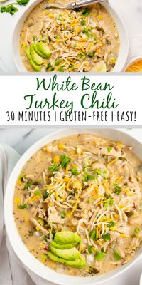 This gluten- free white bean turkey chili is the perfect way to use up leftover turkey, and a simple recipe to make a healthy weeknight dinner. It cooks on the stovetop in one pot in 30 minutes, and reheats well if you're making it for meal prep. There's very little prep work involved, so everything comes together quickly! #glutenfree #whitebeanchili #turkeyrecipes #leftoverturkey #turkeychili