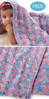 Free Knitting Pattern for Baby Ripple Afghan - Easy baby blanket knit with garter stitch alternating with a lace stitch that creates a natural ripple and wavy edge. Looks great in multi-colored yarn -- and in solid colors too! Sport weight yarn. Designed by Bernat Design Studio.