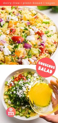 Make the perfect vegan couscous salad for your next gathering in minutes with this simple, quick, and delicious recipe! This vegan salad is sure to please and is packed with flavor.