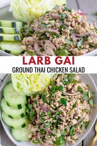 Larb Gai is a Thai Salad made with Ground Chicken, lime juice, fish sauce, fresh herbs, and toasted rice powder. It's typically served spicy, but you can adjust to your preference.