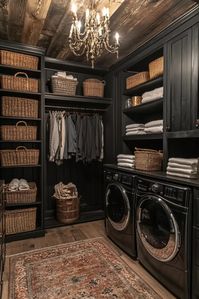 Combining gothic elegance with rugged cowboy charm, this Western Gothic laundry room features dark, rich colors, iron fixtures, and leather accents. The use of deep reds and blacks gives the space a gothic feel, while rustic wood finishes and Western memorabilia keep it rooted in cowboy style. It’s the ultimate sanctuary for anyone who loves both gothic and Western design. Don’t miss out—click here for more Western Gothic laundry room ideas!