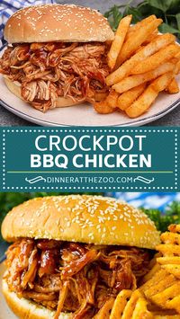 Crockpot BBQ chicken has just 4 ingredients and is super easy to make! #chicken #crockpot #slowcooker #dinneratthezoo