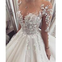 Custom made Exquisite Full Sleeves Long Train Lace V-Neck Wedding Dresses