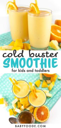 This Cold Buster Smoothie for Toddlers + Kids is loaded with vitamin C, natural electrolytes and probiotics that will boost the immune system, aid in digestion as well as provide extra hydration. PLUS - this delicious smoothie makes great popsicles which will help soothe sore and raw throats. #smoothie #toddler #kid #cold #vitmainc