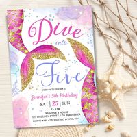 Dive into the magic of the ocean with our 'Dive in Five Girl Pink 5th Birthday Party Invitation!' 🧜‍♀️✨ Make a splash with enchanting underwater vibes and celebrate your little one's birthday under the sea! Order your today and make your celebration truly special! Please note: The gold glitter effect is simulated; no real glitter is used