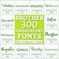 300 Brother machine embroidery fonts bundle for personal and commercial use. High quality fonts for machine embroidery. *Also suitable for Babylock embroidery machine. This embroidery pack includes only PES format.  Almost every font comes in several sizes: 1 inches, 2 inches, 3 inches. Some fonts may be larger or smaller depending on the design. You will also receive a link to the software for viewing embroidery files on your computer or laptop. Please note: these are machine embroidery fonts a