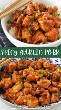 Spicy Garlic Ginger Pork – Slightly sweet and spicy takeout style pork recipe made with fresh ginger and garlic. Served over a bed of steamed rice with fresh chopped green onions and red pepper flakes for an extra kick. This Asian style pork is absolutely delicious! You are going to love it!