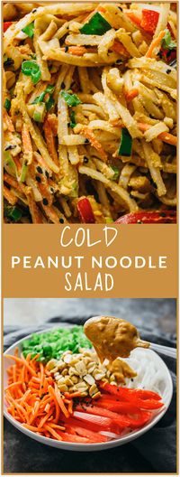 Cold peanut noodle salad - Cool off on a hot summer day with this COLD peanut noodle salad! This Thai-inspired recipe consists of noodles, healthy vegetables, a tasty and spicy peanut dressing, and is topped with sesame seeds. This is an easy vegan dish that you can whip up for weeknight dinners during summer. - savorytooth.com