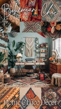 Infuse your workspace with boho home office vibes. Use cozy room decor, vintage, and victorian elements for a unique look. Boho lamps and a boho wall bring warmth and creativity. This bohemian home office setup is perfect for sparking creativity. #bohohomeofficevibes #bohostyleinteriordesign #chicbohemiandecor #vintage #boholamps #bohowall #bohochichomeoffice #homeoffice #cozyroomdecor #bohemianstyle