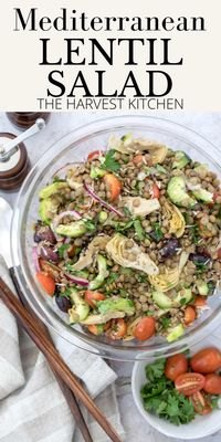 Mediterranean Lentil Salad is one of my favorite easy lentil recipes to make! This cold lentil salad recipe is made with lentils, cucumbers, onion, tomatoes, artichoke hearts and kalamata olives all tossed in a light Italian vinaigrette, and it makes a perfect vegetarian side or main.