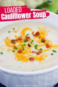 Loaded Cauliflower Soup is wholesome and filling with caramelized, roasted cauliflower, rich, salty bacon and some kid-friendly seasonings. Top each serving with your favorite "loaded potato" toppings (like cheese, chives, extra bacon, etc) for a decadent yet healthy bowl of soup.