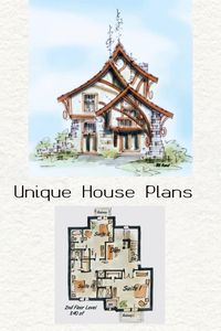 Charming house plan exterior is ornate tudor styling with old world influence. Stucco, wood trim and stone; my favorite combination. Corner entry have corner wrap covered porch. Powder room blocks the view of the living area from entrance, giving a small home intrique. Open living arrangement allows for a large feel and look to the plan. Kitchen cabinets cozy up to elevator centrally located. Stairs frame and wrap around large stone fireplace