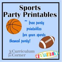 Free party printables for a sports themed party - water bottle labels, candy bar wrappers, buffet cards/ treat toppers and 2" circles. Created by Spencerville Junction and found on www.thecurriculumcornerfamily.com.