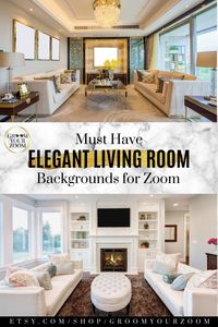 Change your virtual environment with a Zoom virtual background. These elegant living room background packs can quickly be changed and are zoom-ready at 1920 x 1080 pixels. Click to get these and other virtual backdrops. #zoombackground #virtualbackdrop #elegantlivingroom