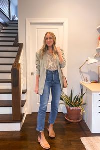 Winter outfit with a blazer, feminine blouse, jeans, and boots. Michelle Tomczak Blog.