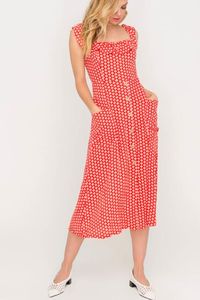 Discover the Kristen Red and Cream Print Button Front Midi Dress at Bohopink.com! Cute red and cream bohemian print decorates this ruffle neckline midi dress with button front. Enjoy free shipping!