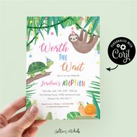 Celebrate your kiddo's adoption with these "worth the wait" slow animal theme invitations! With adorable, hand-painted sloth, turtle and snail hanging out in the jungle among colorful tropical flowers. FREE DEMO! Copy and paste the URL below to demo: https://www.corjl.com/d/2EIODF - Edit using Corjl immediately after purchase - Personalize right in your browser using a computer or phone/tablet - Download and print a PDF or JPG as soon as you've personalized! * * * * * * * * * * * * * * * * * * *