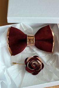 Rose Gold and burgundy leather bow tie for men, rose gold wedding bow tie,wedding burgundy boutonnere, genuine rose gold leahther bow tie