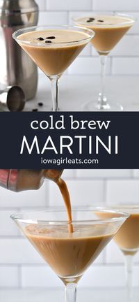 Calling all coffee cocktail lovers! A Cold Brew Martini is made without espresso and is a cinch to shake up. Beyond delicious! iowagirleats.com cold brew cocktail, cold brew cocktail drinks, new years eve drinks, easy cocktail recipe