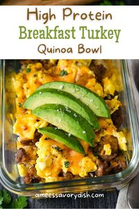 A protein-packed breakfast bowl with ground turkey sausage, eggs, cheese, quinoa, and scallions.