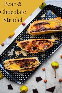 A delicious fruit strudel flavoured with spiced orange poached pears, roasted hazelnuts, chocolate, and almond frangipan, served with a rich vanilla ice-cream.