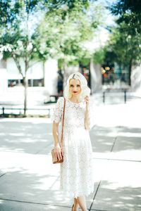 White Lace Midi Dress with Camel Faux Leather Satchel