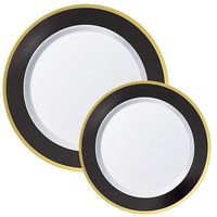 Round Premium Plastic Dinner (10.25in) & Dessert (7.5in) Plates with Black & Gold Border, 20ct | Party City