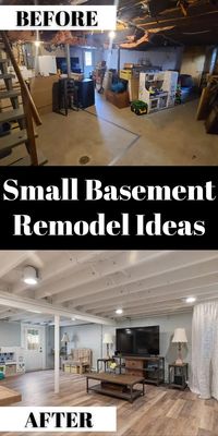 Scroll through the before and after pics of our basement renovation and find basement remodel ideas including an open joist ceiling! Tap on this pin to see the reveal and more with Ahna Fulmer // HammersNHugs.com. #basementremodel #basementinspiration #beforeandafter