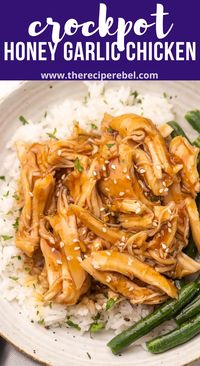 Crock Pot Honey Garlic Chicken is packed with sweet, savory, and spicy flavors! Perfect for the whole family, this super easy recipe is great for a weeknight meal or a lazy weekend, though it's fancy enough to serve at a dinner party too. #crockpot #slowcooker #chicken | chicken recipes | chicken breast | slow cooker chicken | chicken dinner | easy dinner | easy recipes