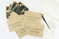 Kraft wedding envelope with brown modern calligraphy! Paired with green and gold floral envelope liner! Perfect for a modern rustic wedding! Or a spring garden wedding!