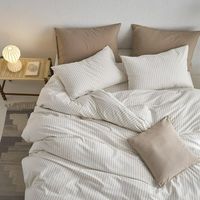 This queen size White Tannish Linen Grey Stripe duvet cover comes with: 1* Duvet Cover: 90"W x 90"L; 2* Pillowcases: 20"W x 26"L. The MOOMEE "Washed Cotton" collection gives your bedding a rich look, while pure cotton offers a unique blend of comfort, practicality and elegance. Woven from the world's finest Long-staple cotton, the naturally soft cotton is water washed to enhance its feel and relaxed look. Cool in the summer and insulating in the winter, it offers breathable comfort all along. Co