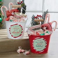 Holly Jolly Personalized Mini Metal Teacher Bucket Multi - Fill the festive Holly Jolly Personalized Mini Metal Teacher Bucket with all their favorite candy and treats. The candy-cane sticker can be personalized with one of 2 phrases, any name and 2 lines of text.