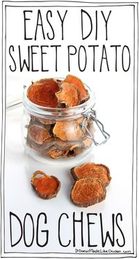 Easy DIY Sweet Potato Dog Chews, just like the store-bought treats but a fraction of the price. Dogs love these and they make a great gift!  #itdoesnttastelikechicken #vegan #food #glutenfree #dairyfree #vegetarian #cleaneating #foodgasm #healthyfood #veganfood #veganrecipes