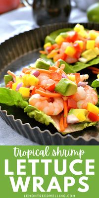 Bright, fresh Tropical Shrimp Lettuce Wraps combine the crunch and flavor of fresh fruits and veggies with the protein power of shrimp with the sweet tang of honey lime soyaki sauce. A deliciously light, refreshing summer meal!