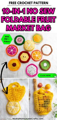 Are you dreaming about a Crochet market bag that is also a fruit? How about this 10-in-1 No Sew Foldable Fruit Market Bag for LIVE Crochet Along (free with ads or ad-free PDF) with 3 LIVE video tutorials to guide you through the pattern step by step. #crochet #nickishomemadecrafts #freecrochetpattern #crochetmarketbag #crochetfruit #nosewcrochetpattern #nosew #foldablebag