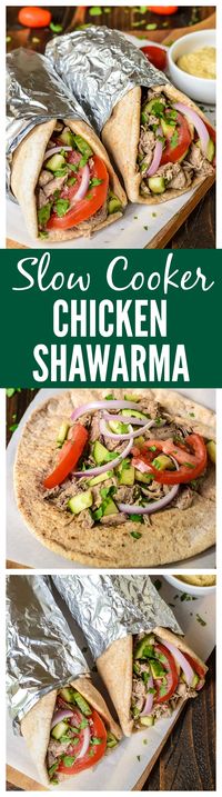 Slow Cooker Chicken Shawarma. So moist and tender. Your entire family will love this easy crock pot chicken recipe made with Greek yogurt and spices