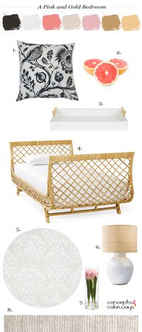 pink and gold, rattan bed, black and white pillows, black and white floral pillow, pink grapefruit, white serving tray, gold handles, wicker lamp shades, damask wallpaper, white table lamp, pink tulips, clear glass vases, taupe rug, guest bedroom, blush pink, light taupe, grey and white, black and white floral print, gold decor, gold accents