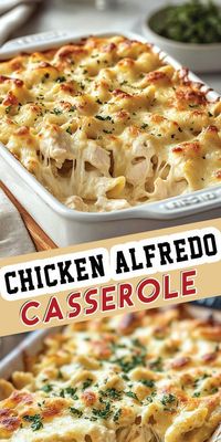 Chicken Alfredo Casserole Ingredients: 3 cups cooked chicken, shredded 12 oz pasta (penne or rotini works well) 2 cups Alfredo sauce (store-bought or homemade) 1 1/2 cups mozzarella cheese, shredded 1/2 cup Parmesan cheese, grated 1/2 cup heavy cream 2 tablespoons unsalted butter 1/2 teaspoon garlic powder 1/2 teaspoon onion powder Salt and pepper to taste 1 tablespoon chopped fresh parsley (optional, for garnish) #Chicken #Alfredo #Quickrecipe