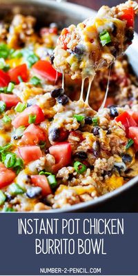 This recipe for Instant Pot Chicken Burrito Bowl is packed with flavor and so easy to make. Boneless, skinless chicken breast, Mexican rice, black beans, and tomatoes with Mexican spices. It’s so delicious and the best part is, everything cooks right in the Instant Pot. This better-than-take-out burrito bowl is going to become a family favorite. #instantpot #burrito #chickenrecipes